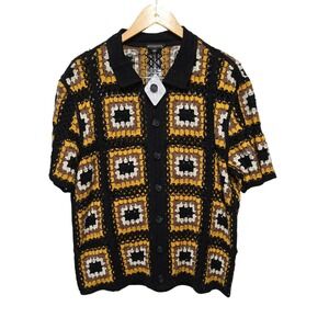 MORSECODE Crochet Sweater Shirt Men's Black Yellow Tan Sunfower SMALL